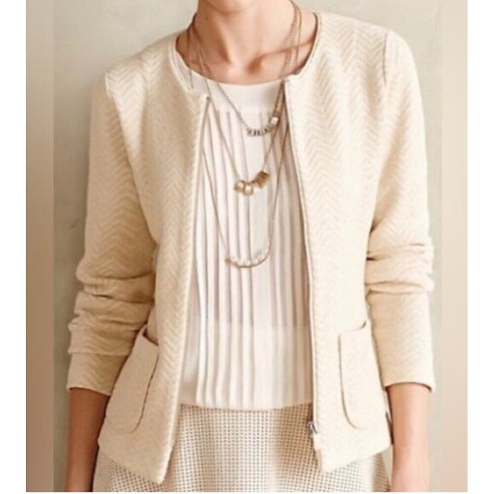 Anthropologie Rosie Neira Cream Knit Zip Jacket Womens Size Small Textured